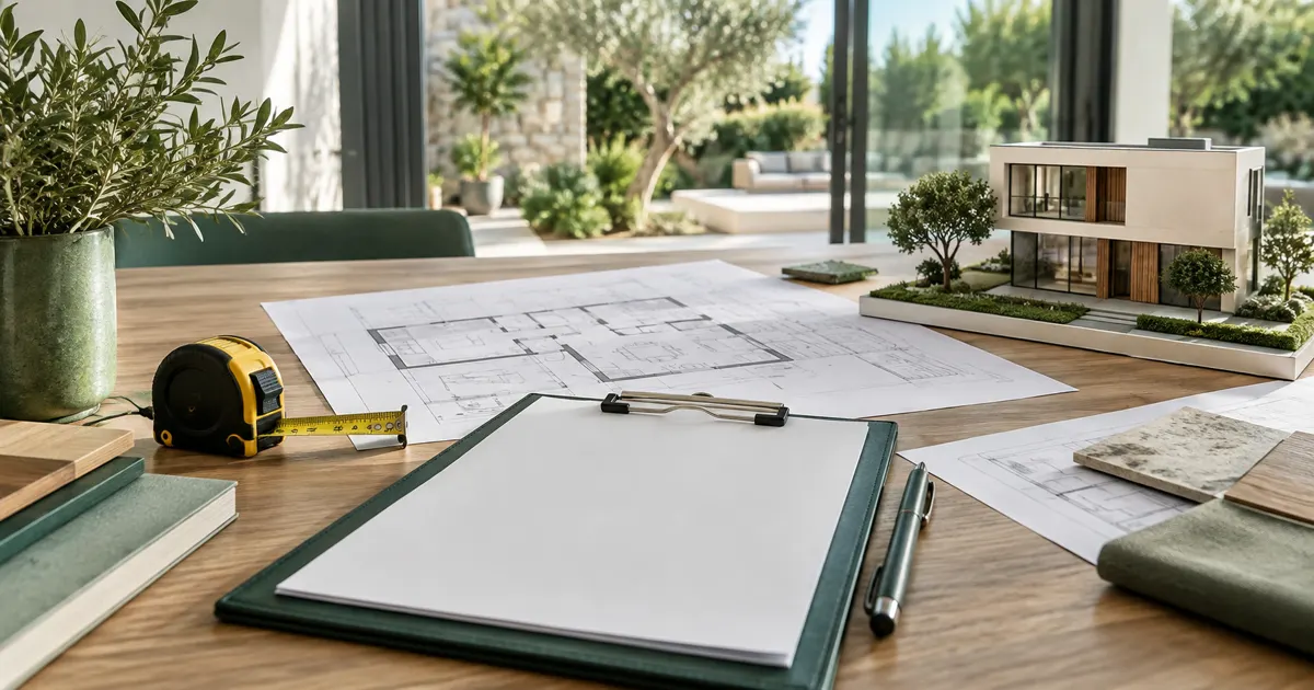 Plans, mètre ruban et maquette de maison disposés autour d’un dossier d’évaluation immobilière.
