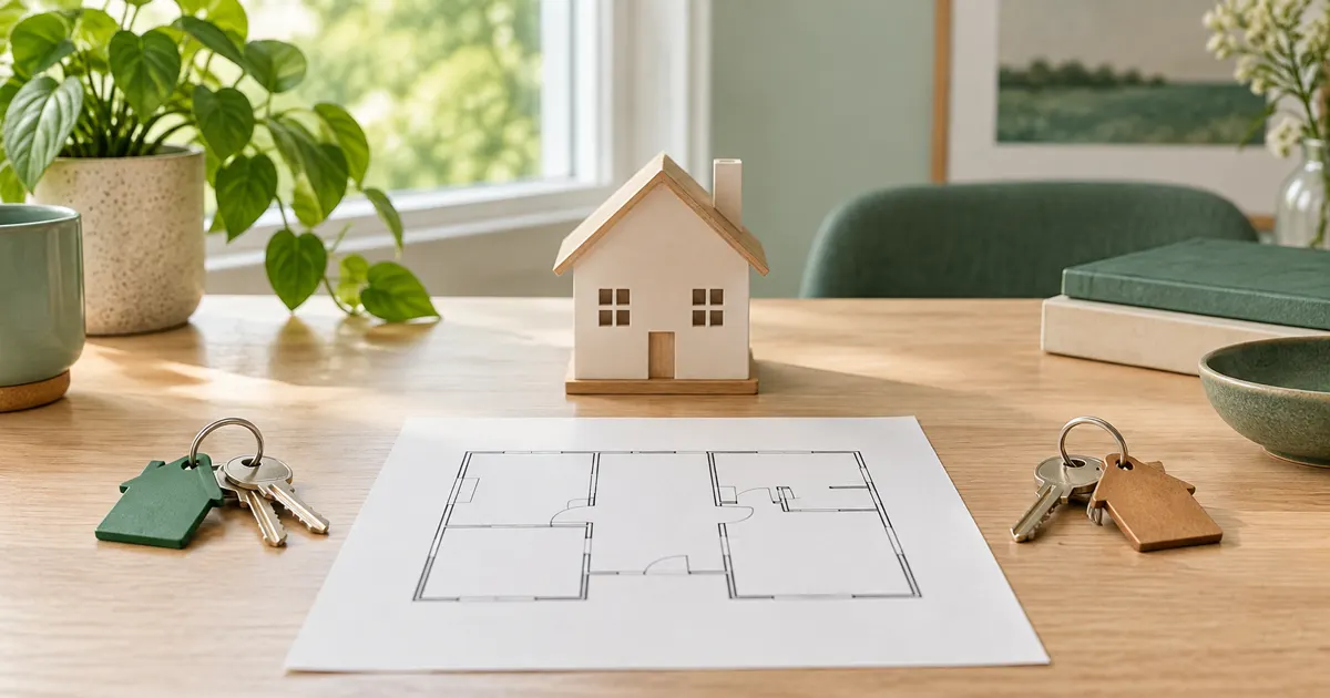 Deux jeux de clés séparés autour d’un plan de logement neutre.