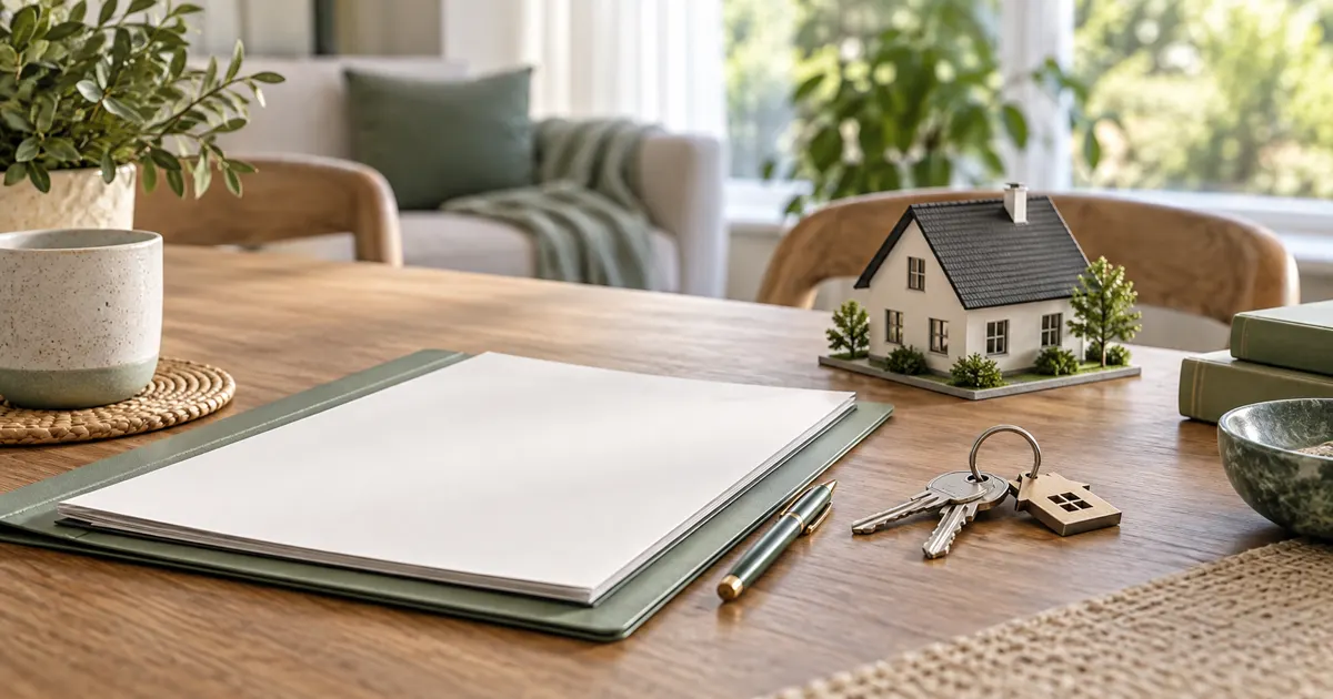 Maison miniature, clés et plan neutre disposés sur une table pour préparer une transmission immobilière.