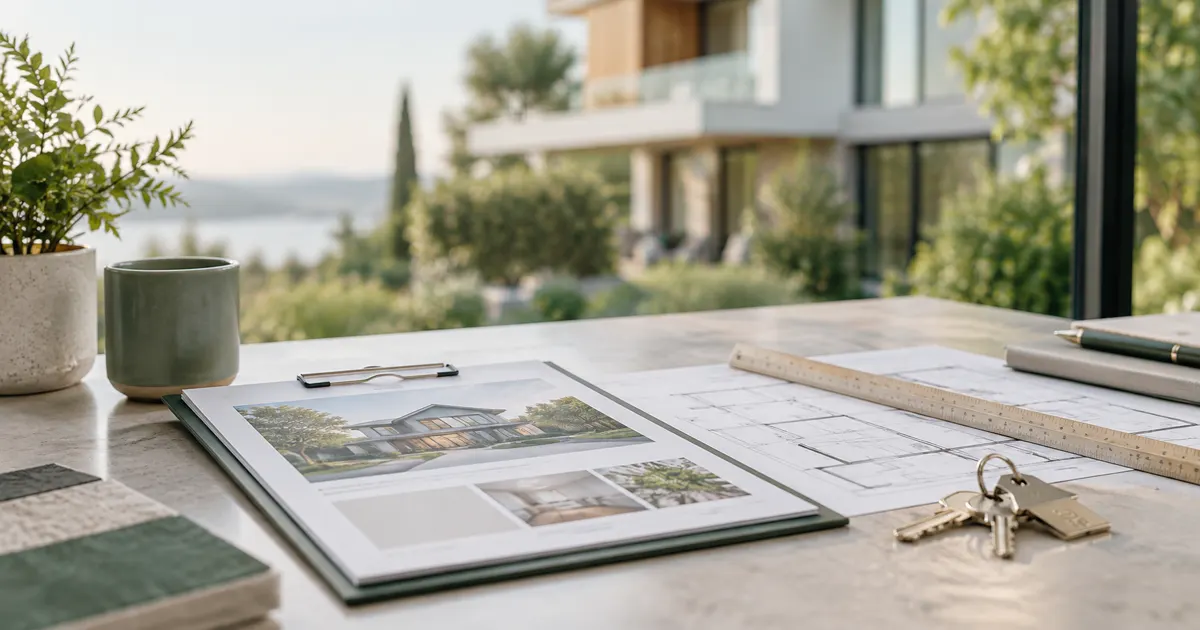Plans, clés et maquette de maison pour expliquer la recherche de ventes comparables dans DVF.