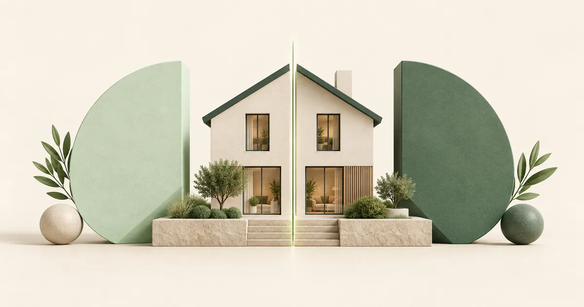 Maison stylisée partagée par deux formes géométriques équilibrées.