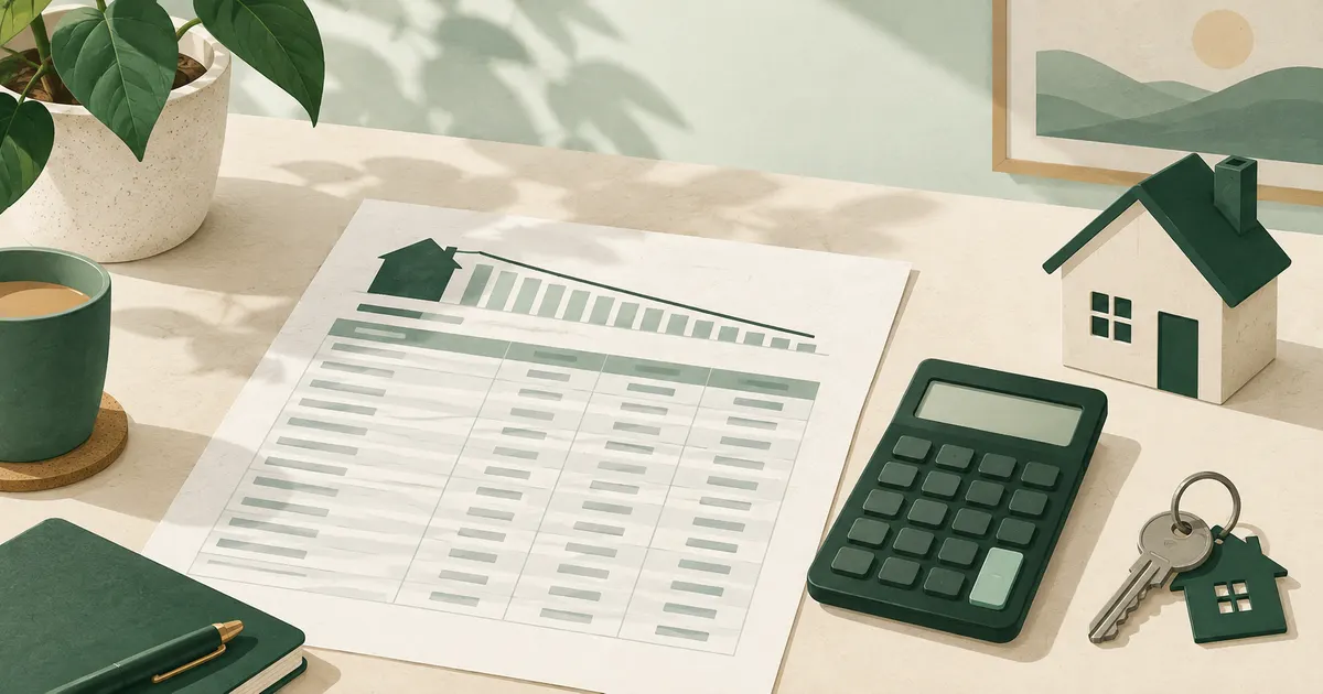 Document de prêt neutre, calculatrice, clés et maquette de maison sur un bureau.