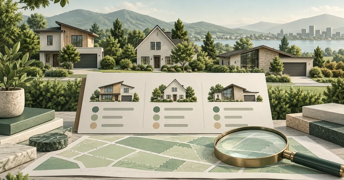 Maquette de bâtiments, plan neutre et loupe pour illustrer une recherche immobilière collective.