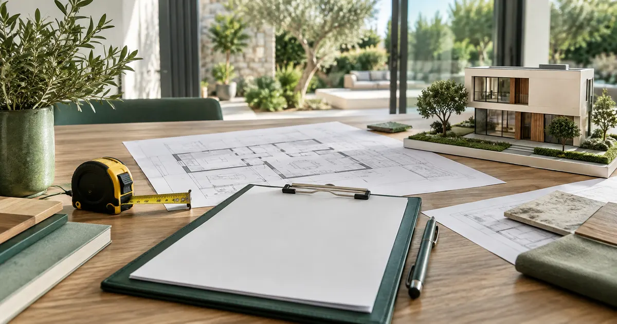Plans architecturaux, maquette de bâtiment et dossier neutre pour illustrer un investissement via une société.