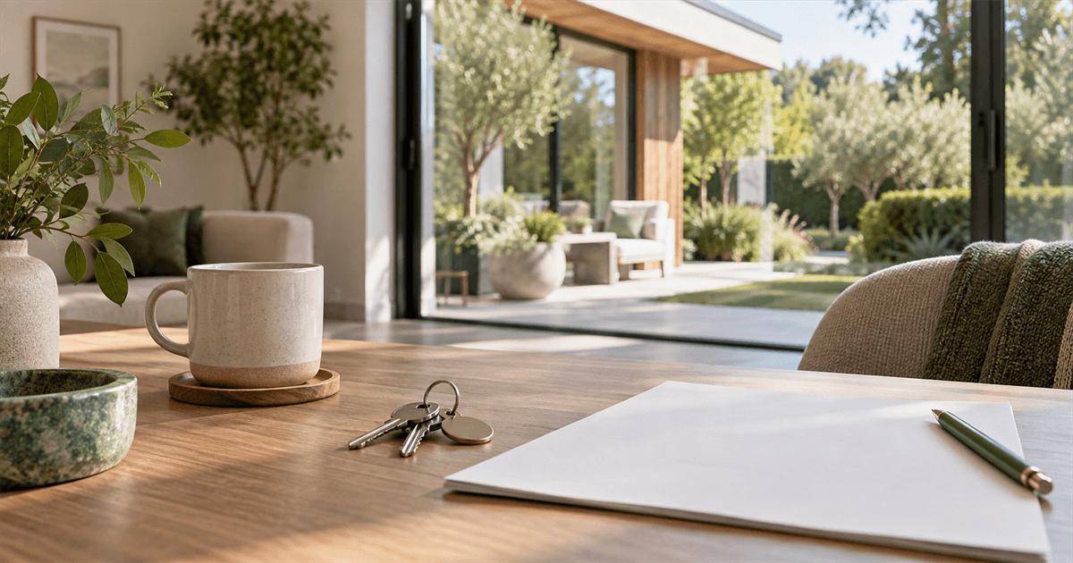 Maison contemporaine éclairée, clés et document neutre posés sur une table.