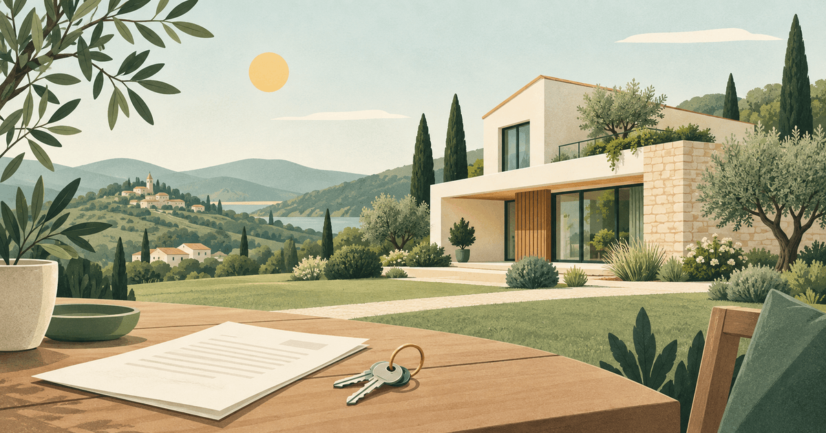 Maison contemporaine et clés posées devant un document neutre, dans un paysage lumineux.