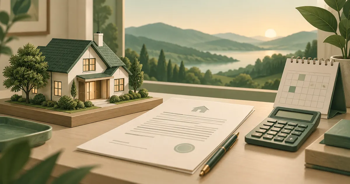 Maquette de maison, document de prêt et calendrier neutre pour comprendre un crédit immobilier.