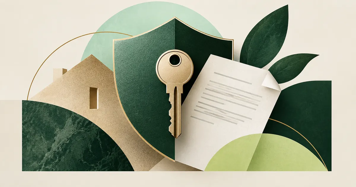 Illustration d’un bouclier associé à une clé et à un contrat de prêt.