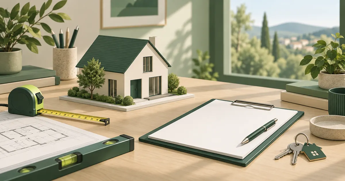 Rapport d’évaluation, plans et clés posés sur un bureau face à une maison contemporaine.